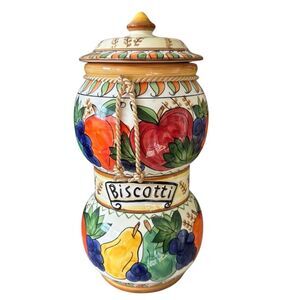 Vintage Handmade For Nonni’s Colorful Fruit Design Ceramic Biscotti Jar *Read*